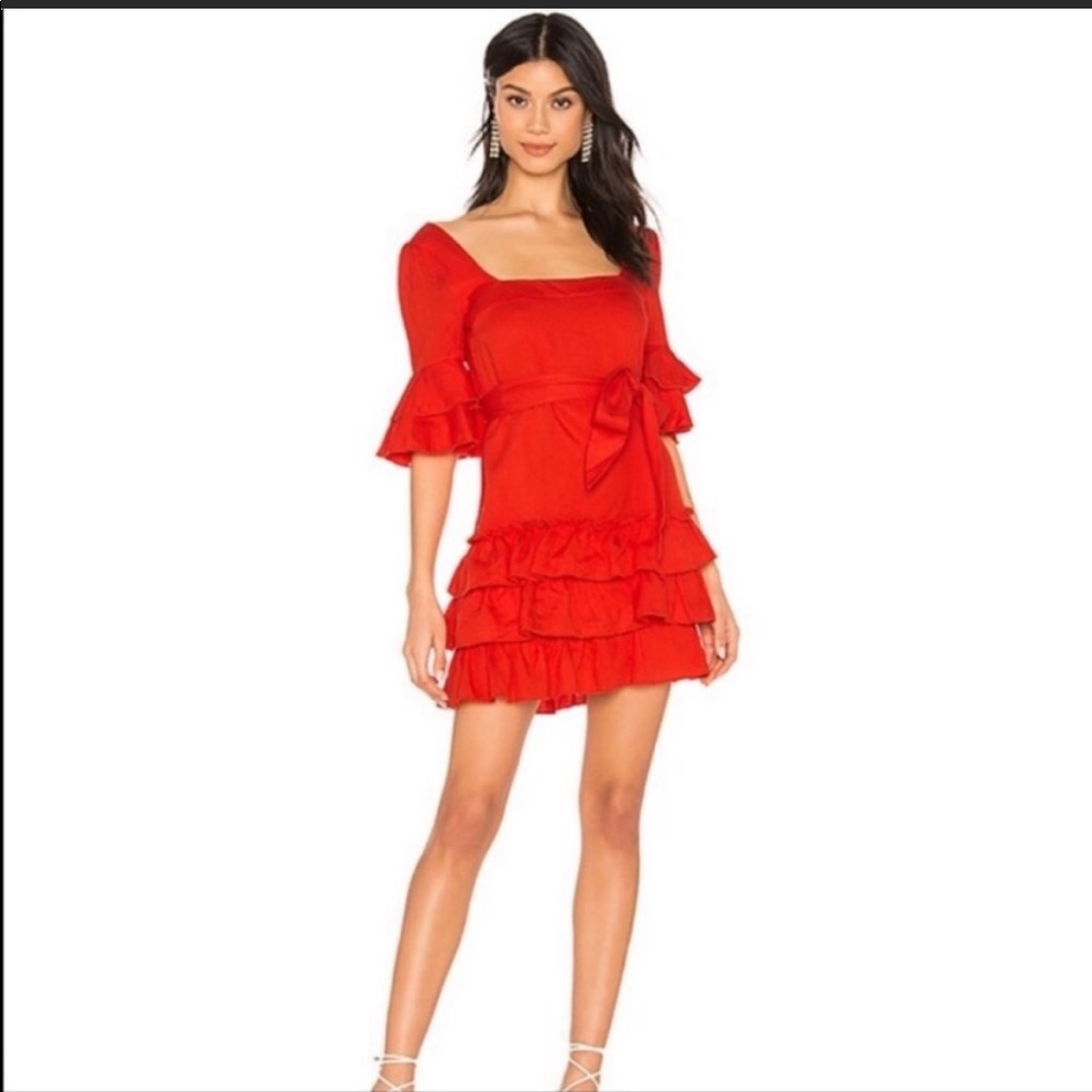Majorelle | Red Ruffle Olin Mini Dress Tie Waist